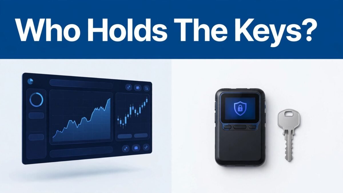 An exchange screen and hardware wallet appear beneath a blue “Who Holds The Keys?” banner.