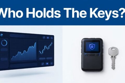 An exchange screen and hardware wallet appear beneath a blue “Who Holds The Keys?” banner.