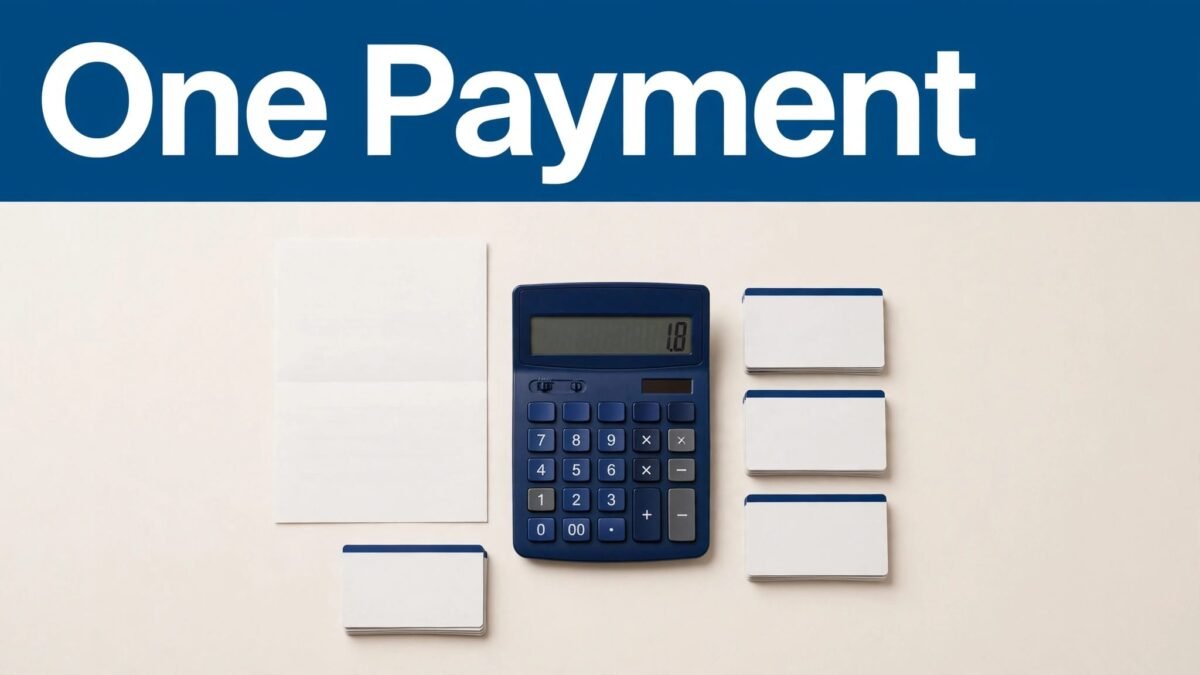 A loan statement and blue calculator surrounded by stacked credit card bills beneath a “One Payment” headline.