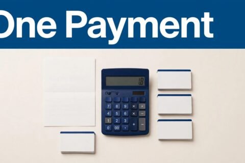 A loan statement and blue calculator surrounded by stacked credit card bills beneath a “One Payment” headline.
