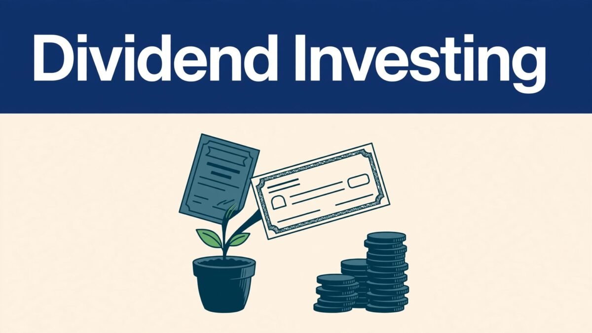 A plant holding a stock certificate and payout check beside stacked coins under a blue banner.