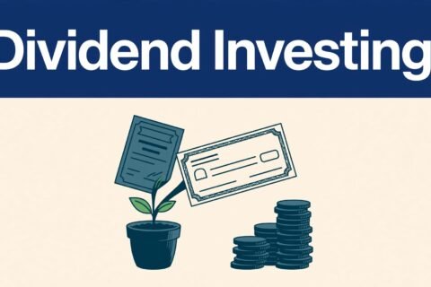 A plant holding a stock certificate and payout check beside stacked coins under a blue banner.