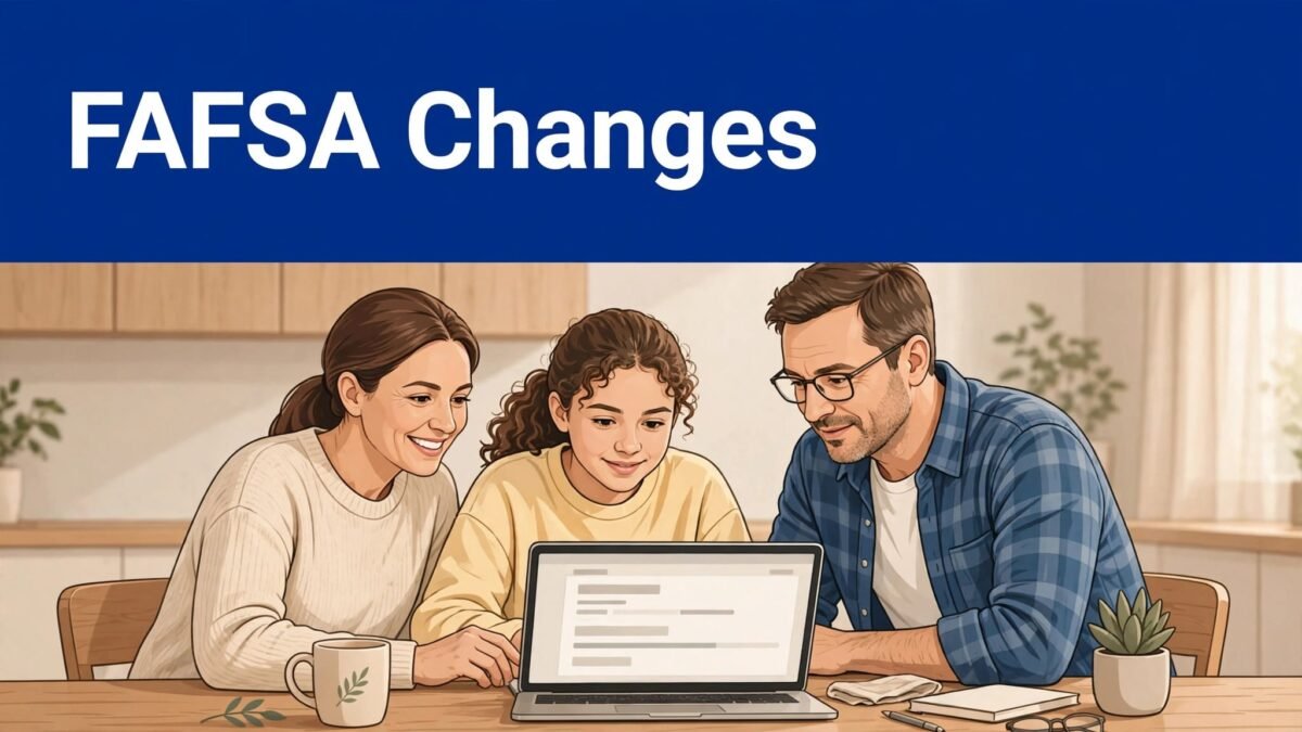 Parents and their teenage daughter review a college aid application on a laptop.