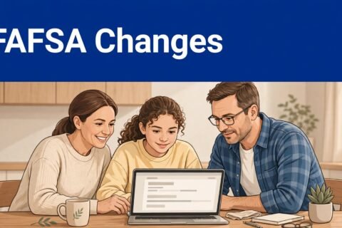Parents and their teenage daughter review a college aid application on a laptop.