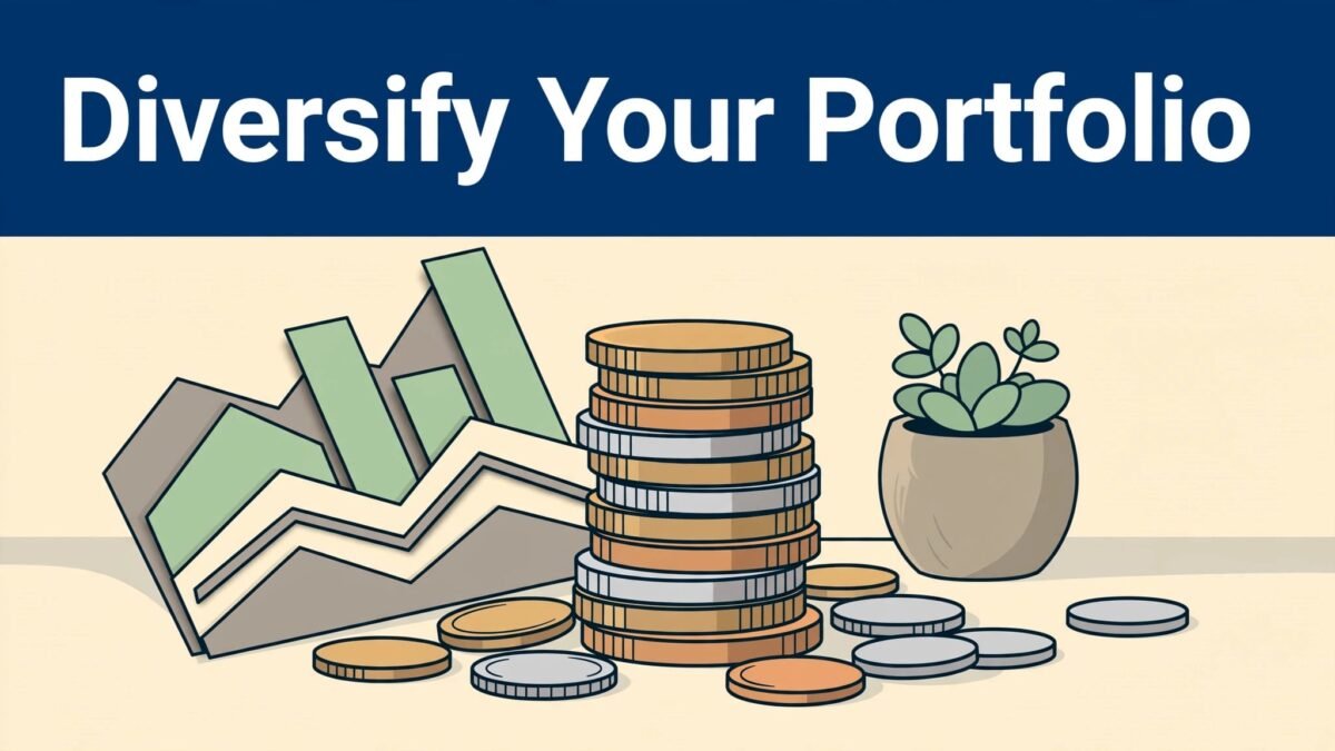Coins, a potted plant, and paper charts sit beneath a blue investment headline.