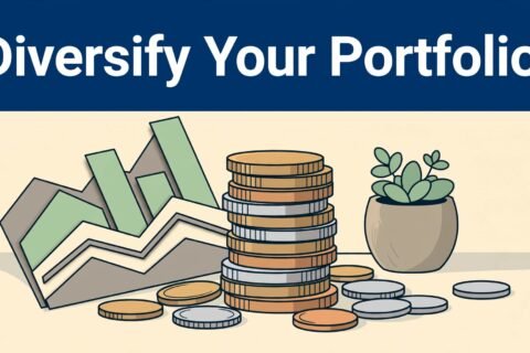 Coins, a potted plant, and paper charts sit beneath a blue investment headline.