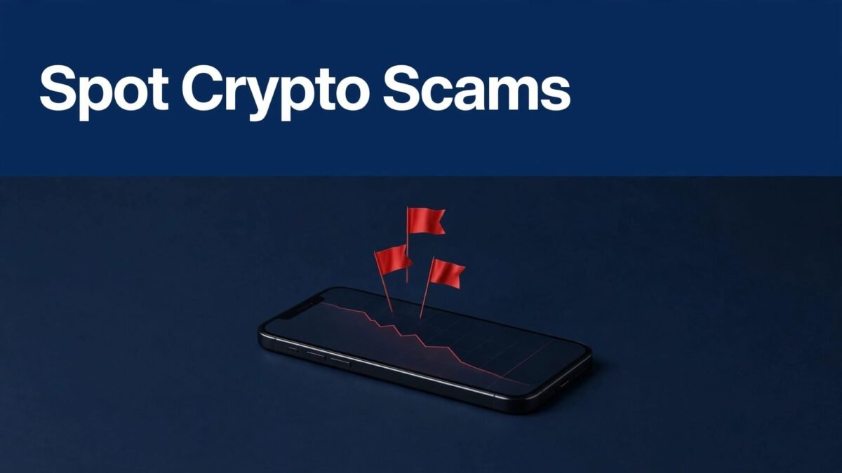 A smartphone displays a crypto investment scam with red warning flags.