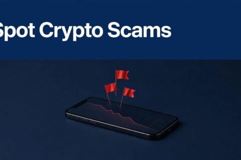 A smartphone displays a crypto investment scam with red warning flags.