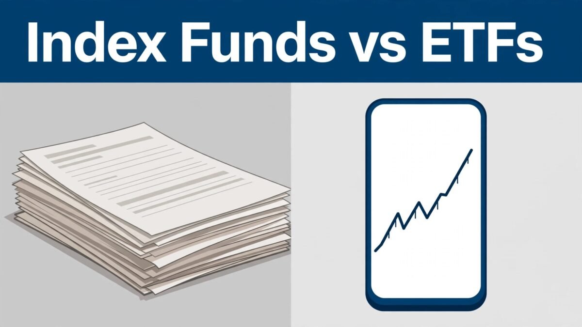 Split illustration comparing paper fund statements with a smartphone showing a rising line chart.