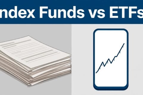 Split illustration comparing paper fund statements with a smartphone showing a rising line chart.