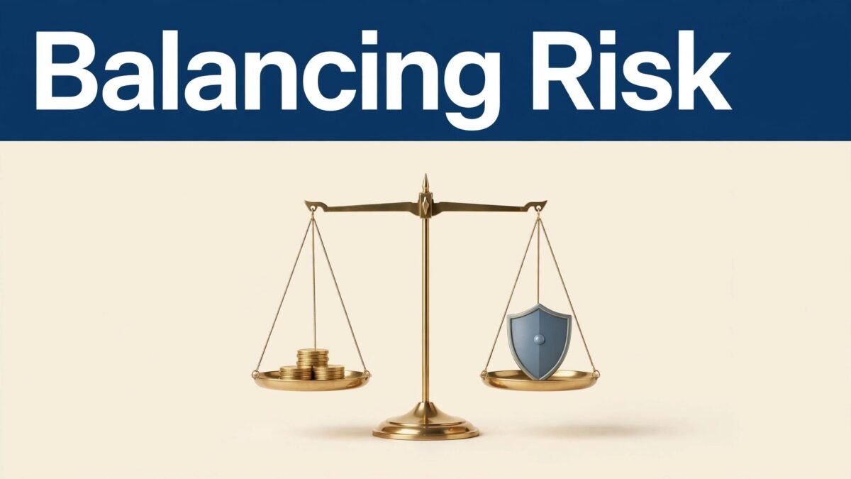 A brass scale balances gold coins against a protective shield beneath a blue header.