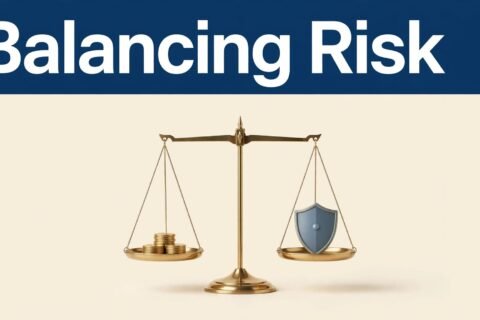 A brass scale balances gold coins against a protective shield beneath a blue header.