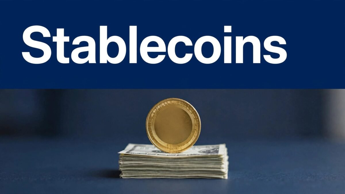 A gold coin balances on dollar bills beneath a navy Stablecoins headline.