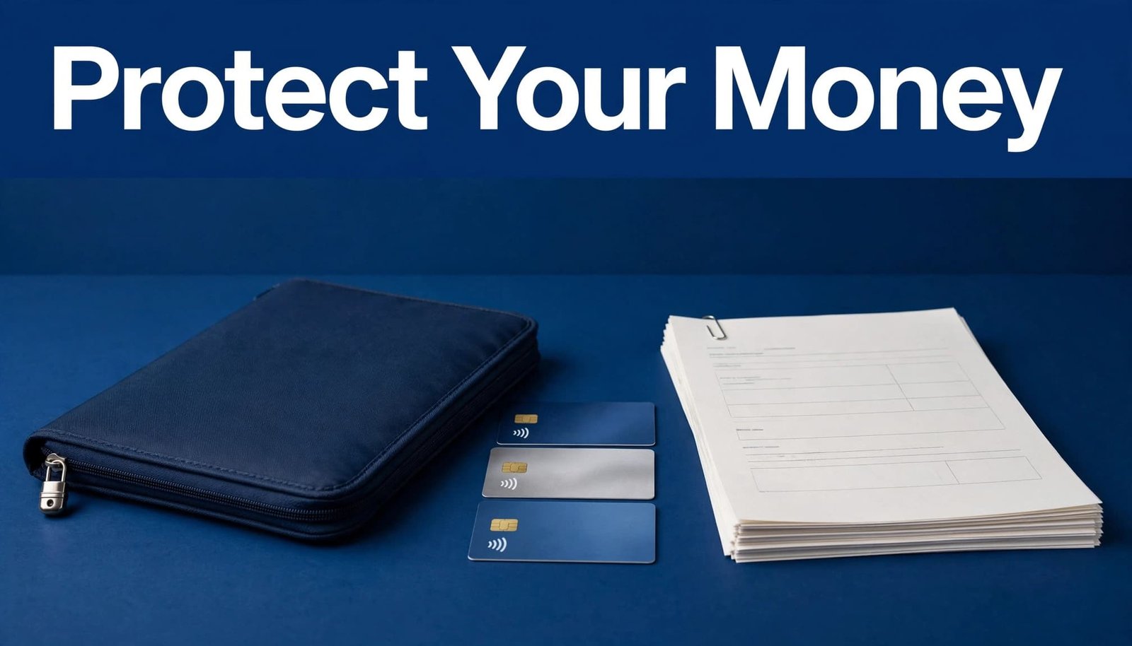 Folder, bank cards, and account papers arranged on a tabletop against a blue background.