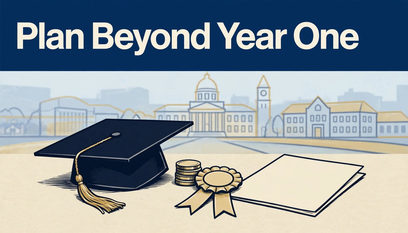 A graduation cap, coins, ribbon, and loan document sit in front of a campus shape.