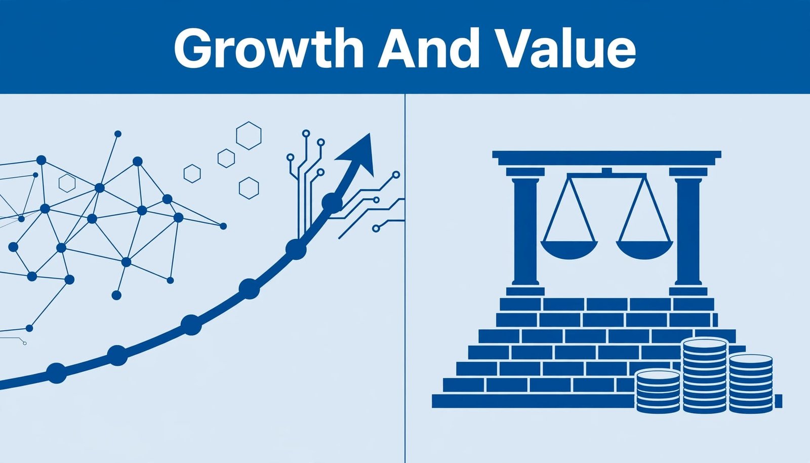 Split illustration of a rising growth curve and a stable dividend company foundation.