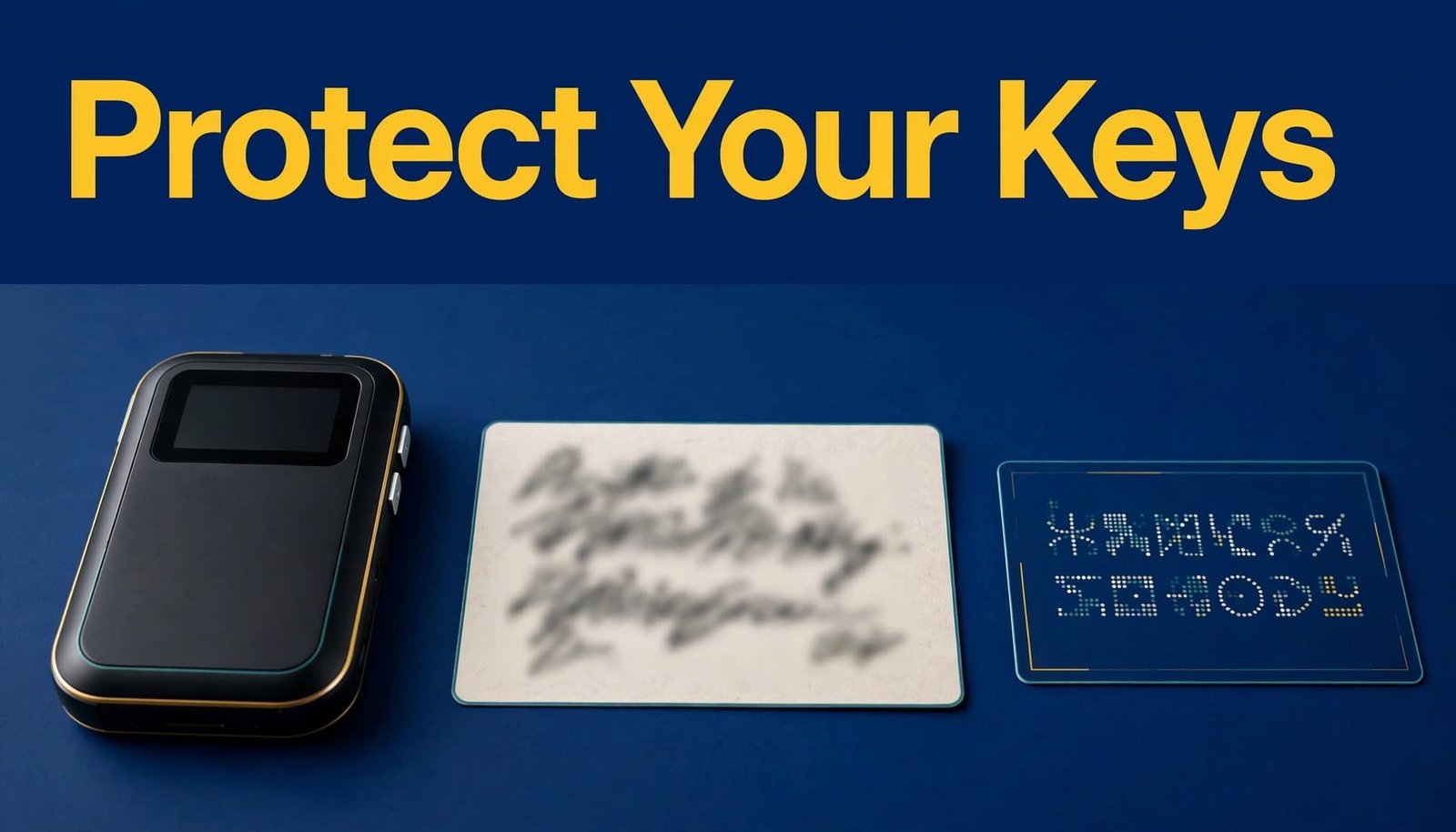 A hardware wallet beside a blurred recovery phrase card on a blue tabletop.