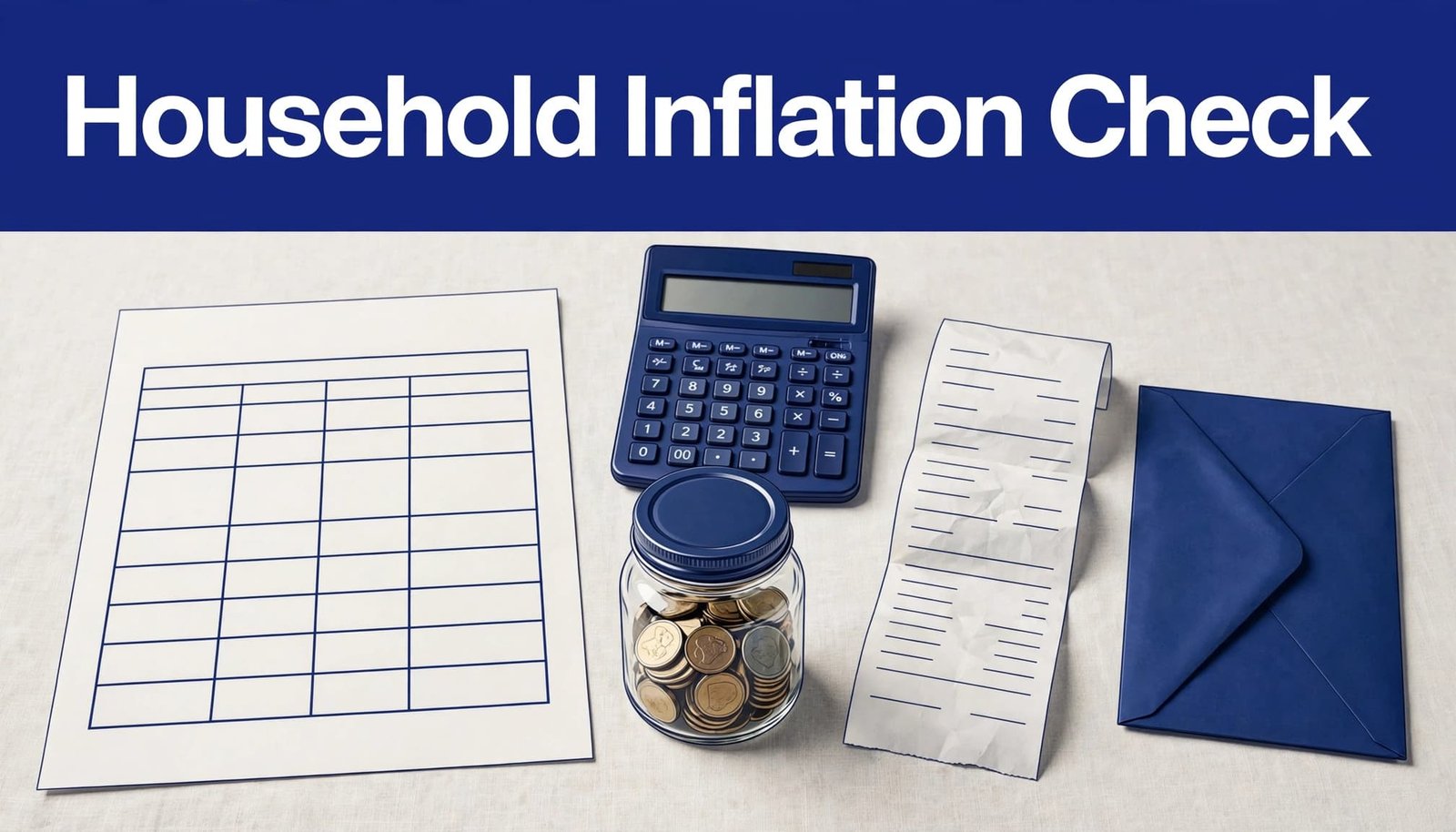 Budget papers, calculator, savings jar, receipt, and rent envelope on a kitchen table.