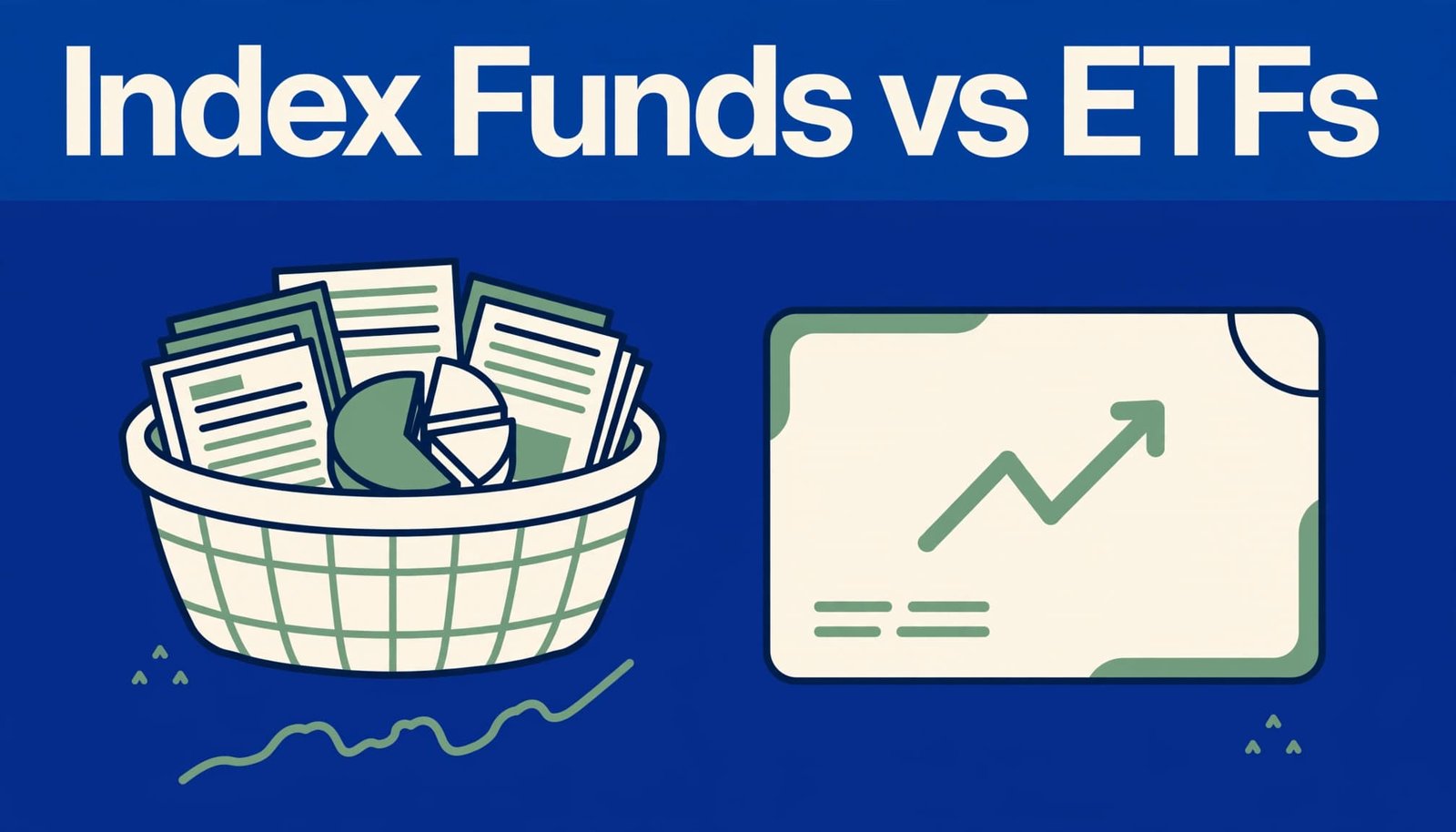 An ETF share and index fund basket appear side by side beneath a blue headline band.
