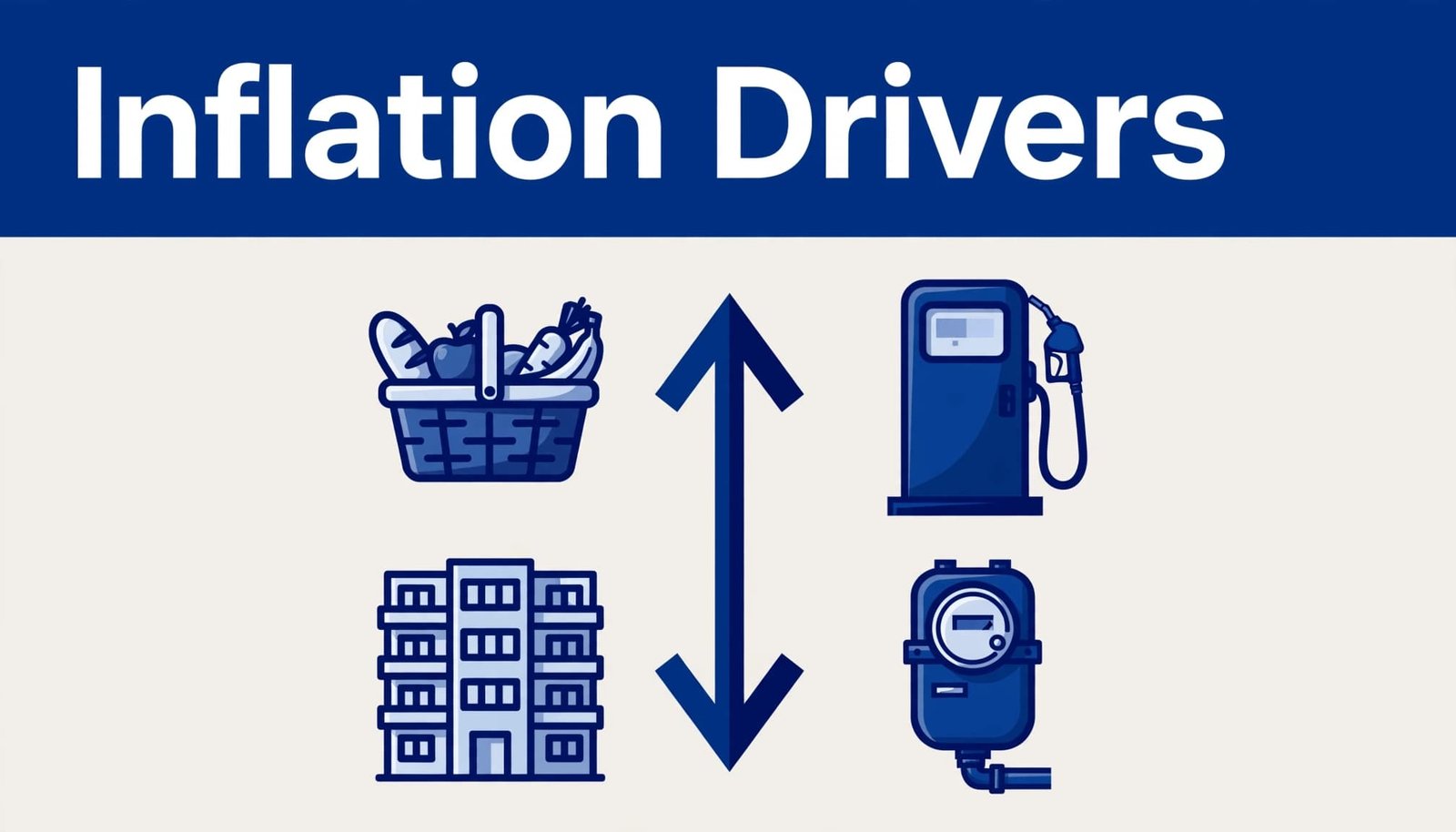 Four household cost symbols surround an up-and-down price arrow beneath a blue headline band.