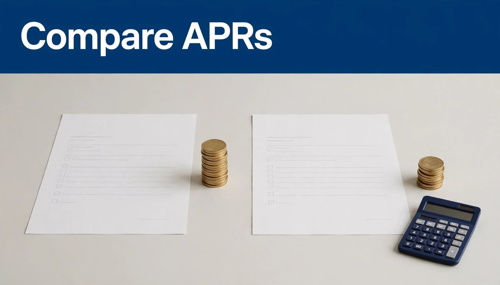 Loan papers, uneven coin stacks, and a calculator sit below a blue Compare APRs banner.