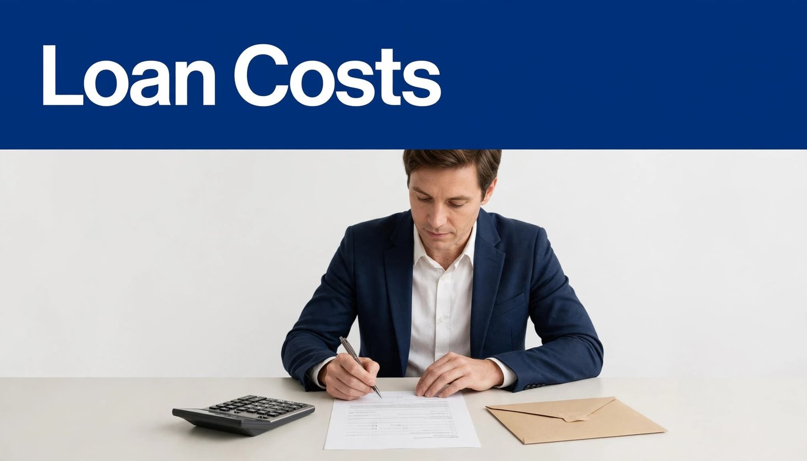 An adult reviews a loan agreement beside a calculator and sealed envelope.