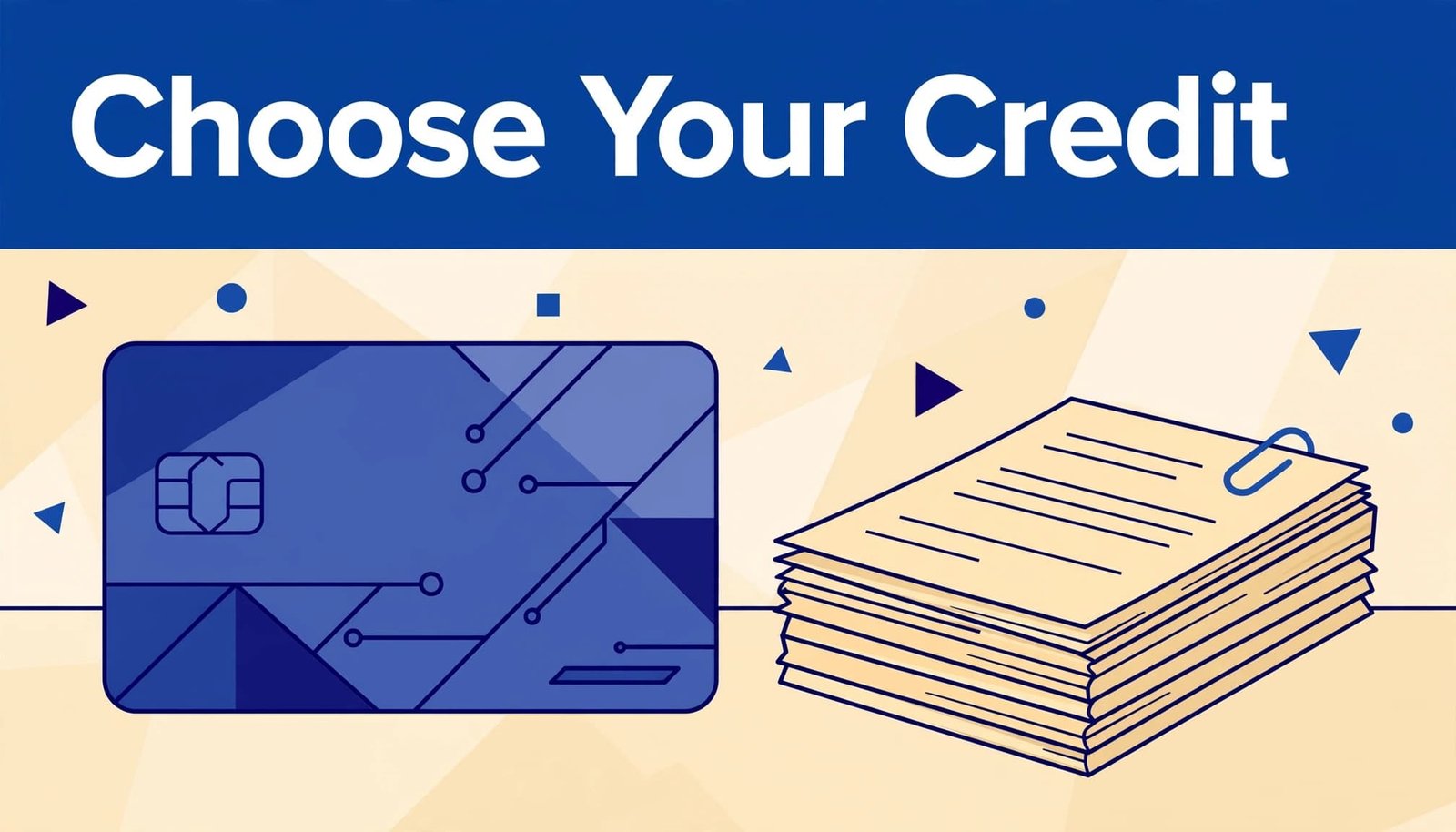A large blue credit card sits beside loan payment papers beneath a headline.