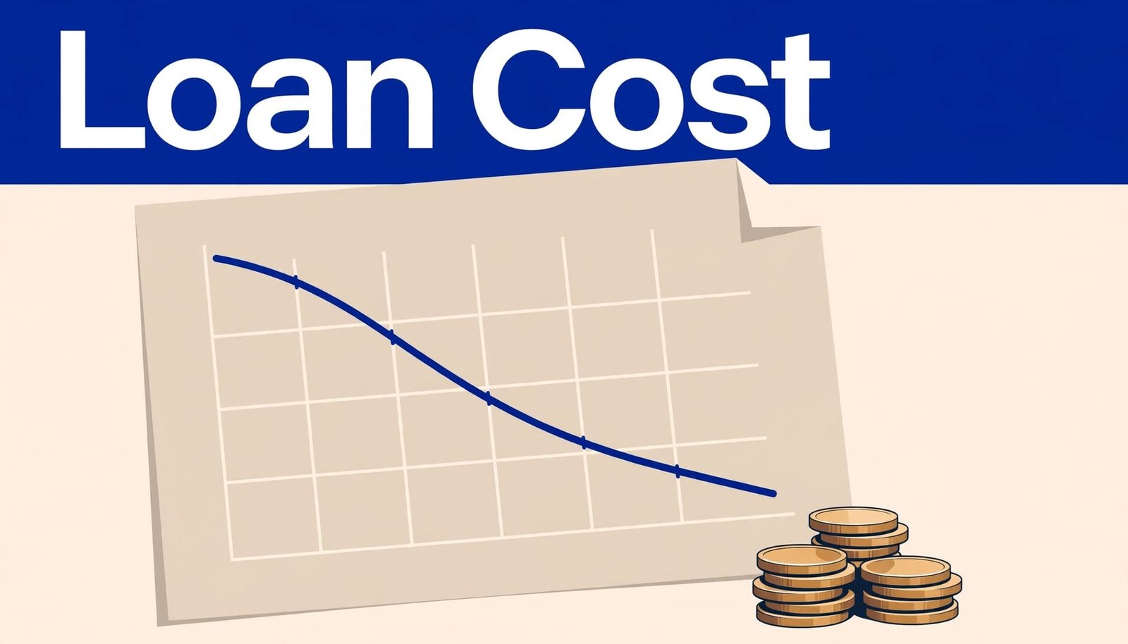 A loan statement with a downward curve and stacked coins beneath a blue 