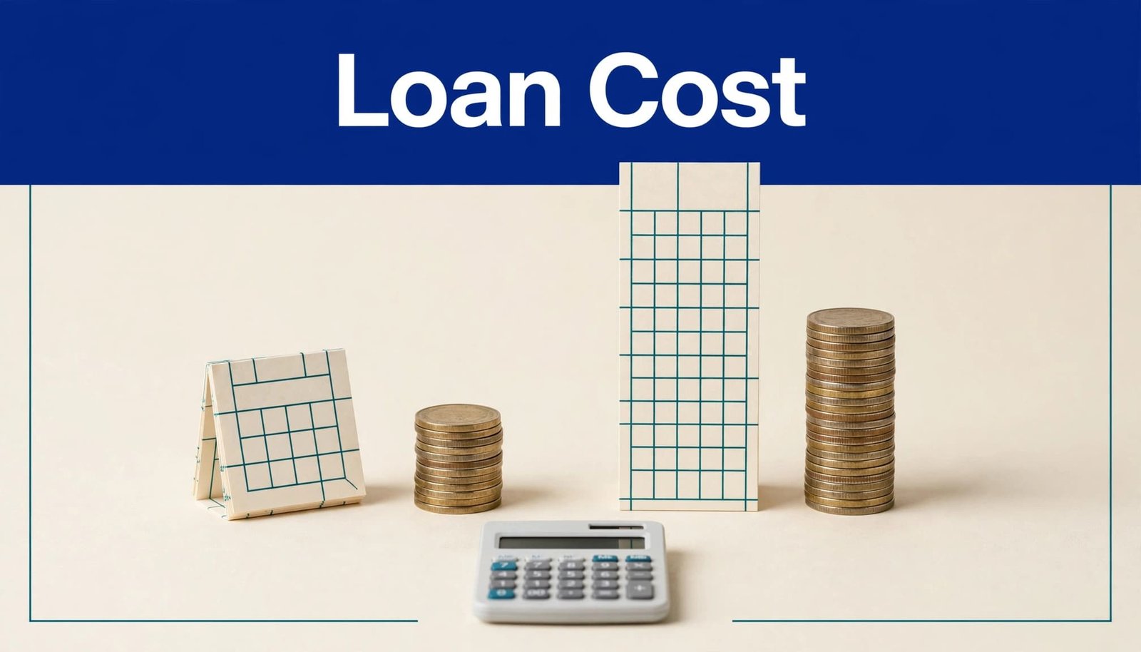 Coin stacks, two calendars, and a calculator sit beneath a blue Loan Cost banner.