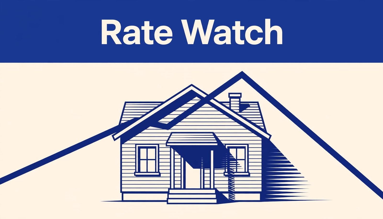 A small home sits below a blue Rate Watch banner, with shifting shadows on the walls.