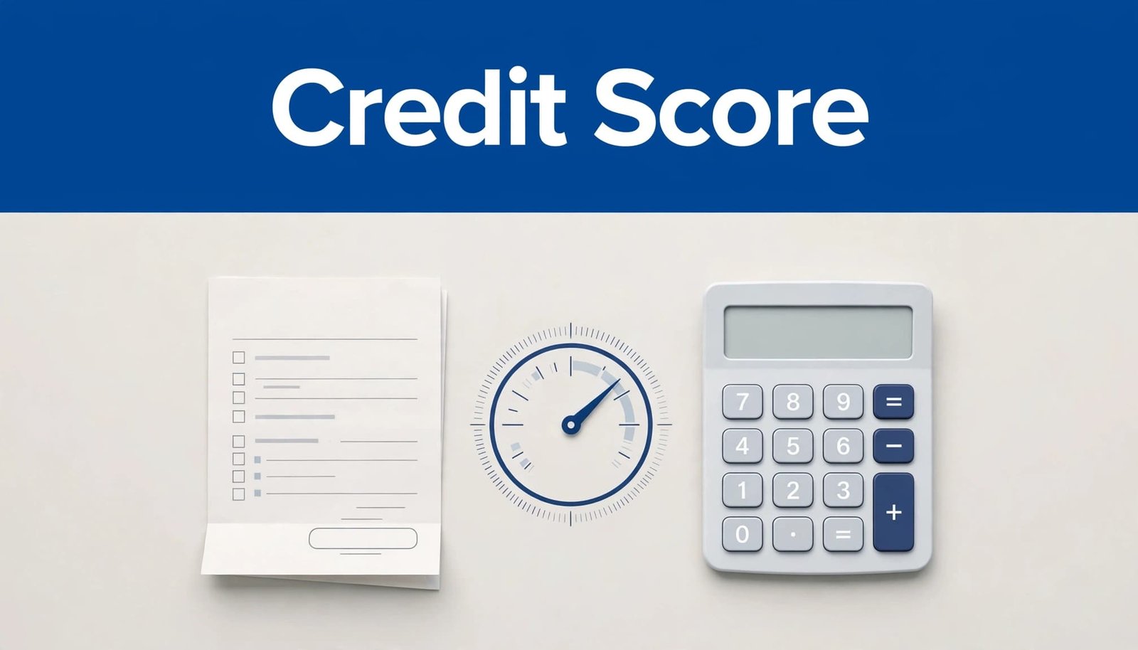 A loan form, calculator, and score gauge sit below a blue Credit Score banner.