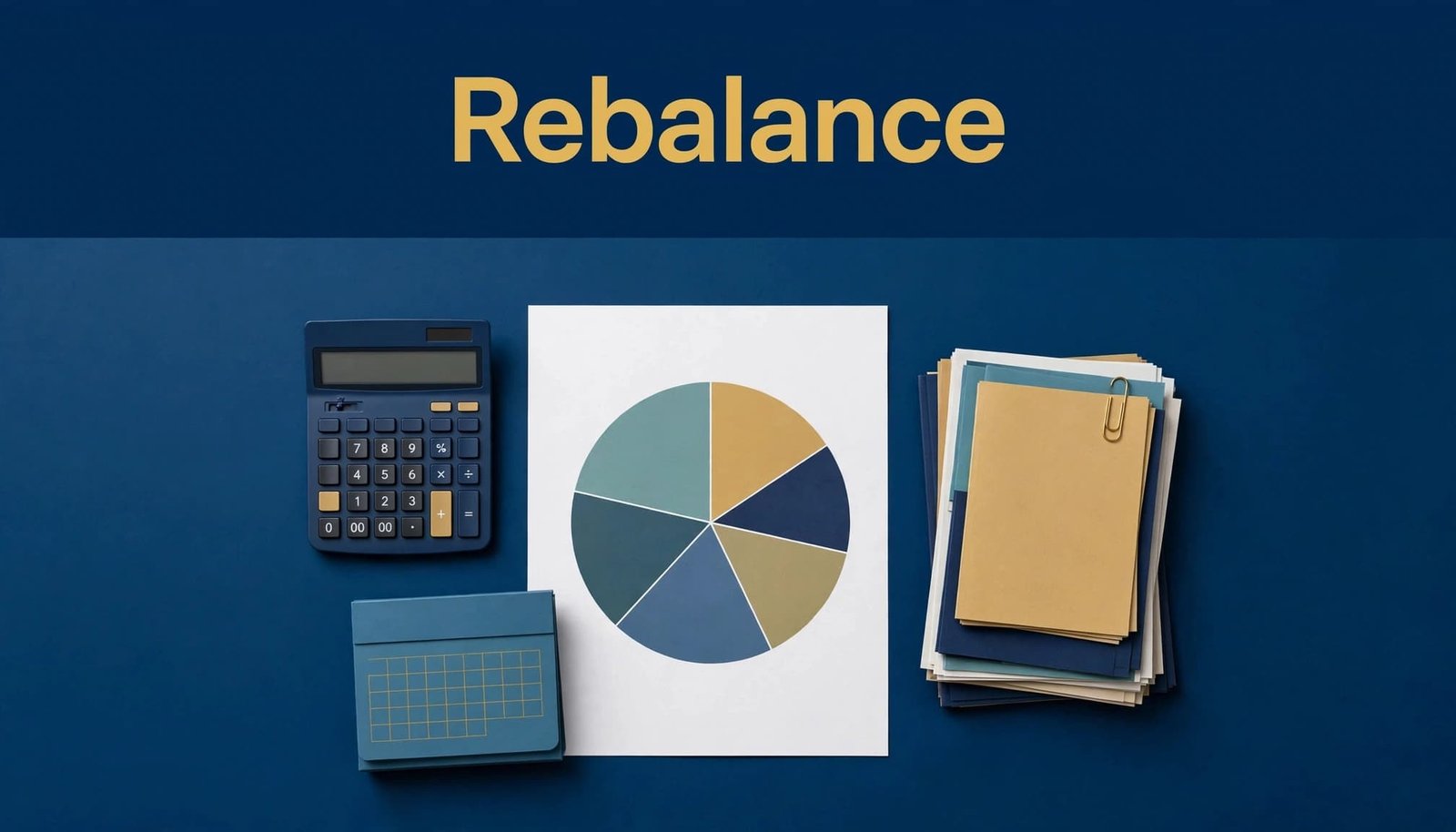 Portfolio chart, calendar, calculator, and investment papers arranged on a blue surface.