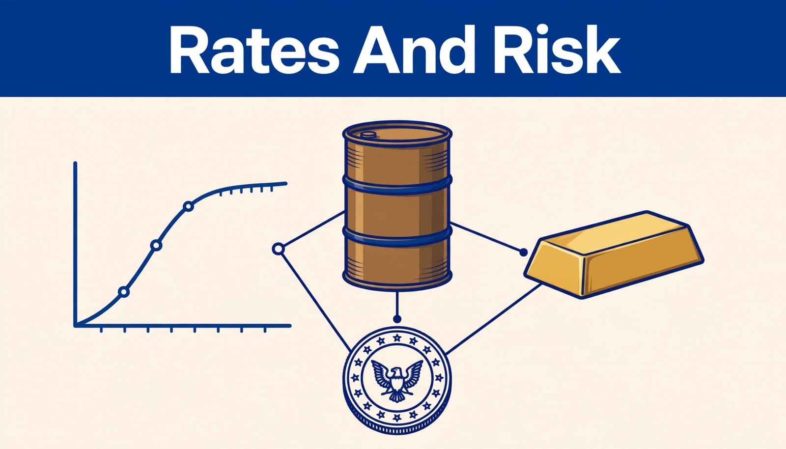 A yield curve, oil barrel, gold ingot, and dollar coin beneath a blue headline banner.