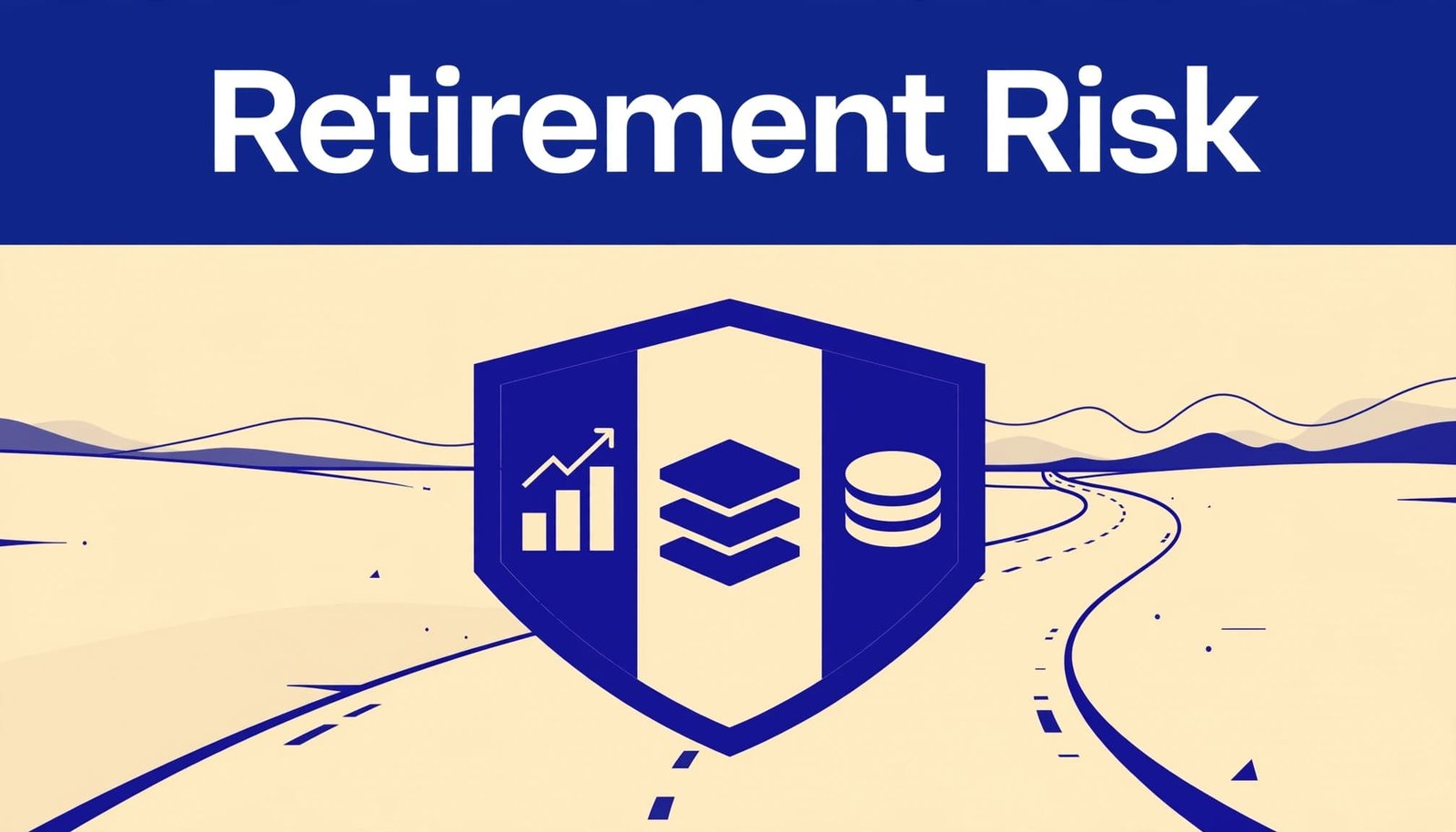 A shield-shaped portfolio stands beside a road leading toward a retirement horizon.