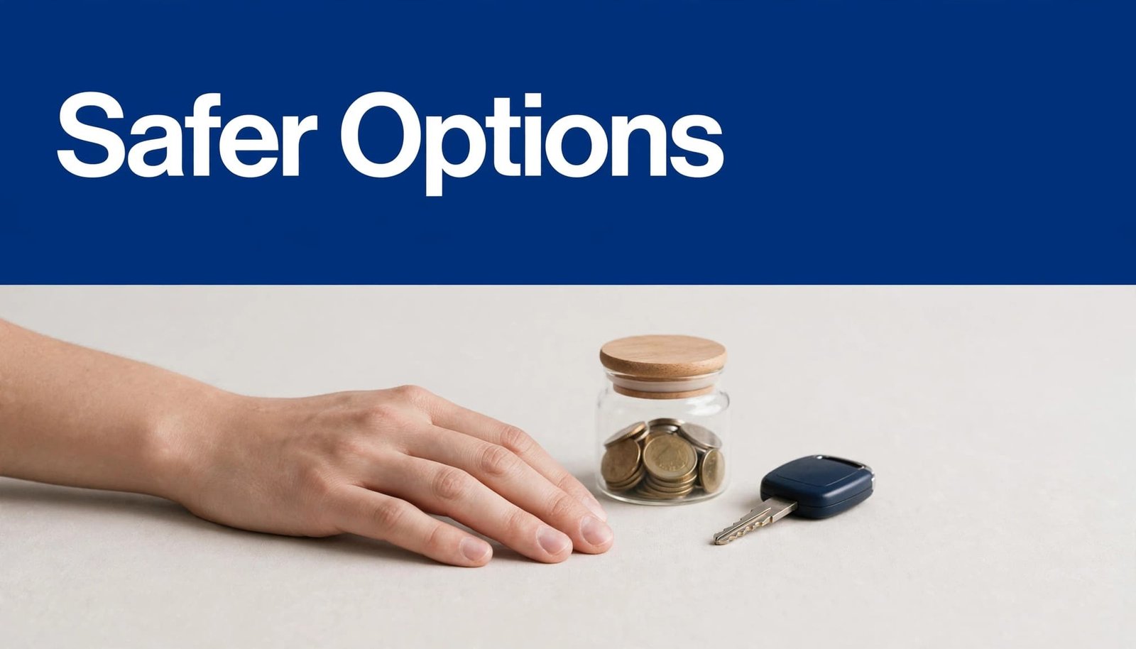 A hand rests beside a car key and savings jar under a blue banner.