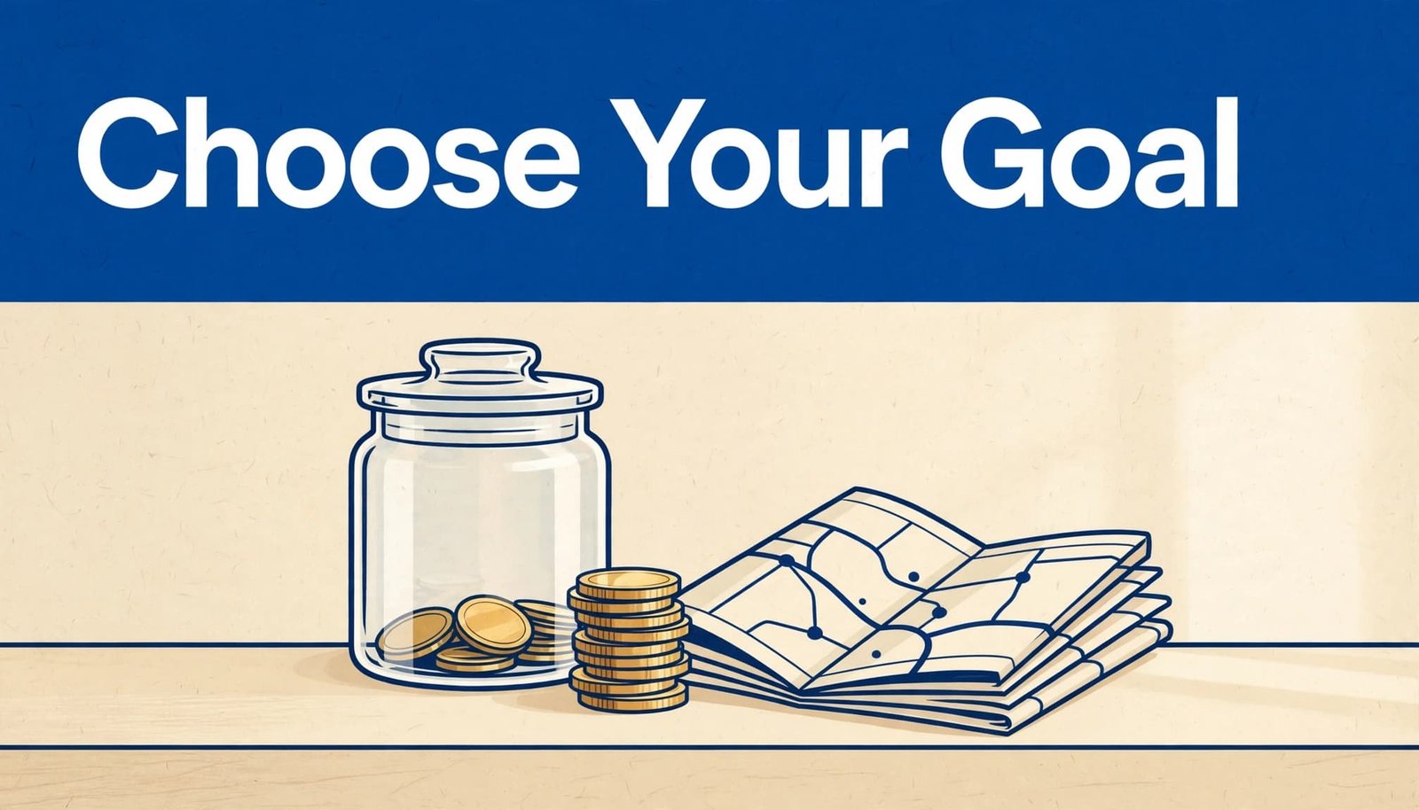 A savings jar, coins, and folded travel map beneath a blue 