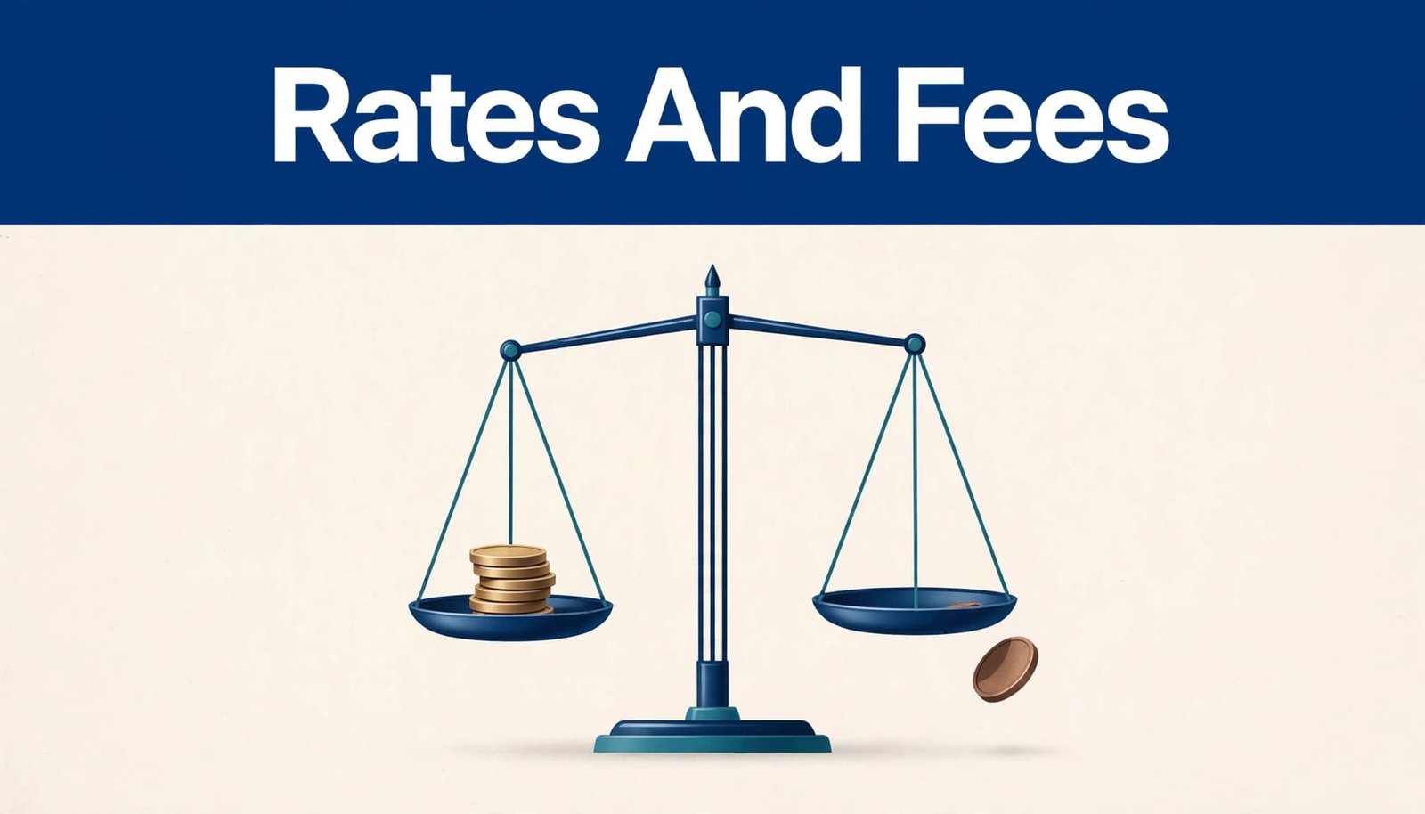 A balance scale weighs stacked coins against a slipping fee coin.