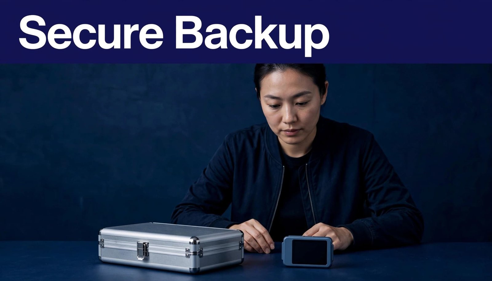 Person checking a sealed metal container beside a wallet device on a dark blue background.