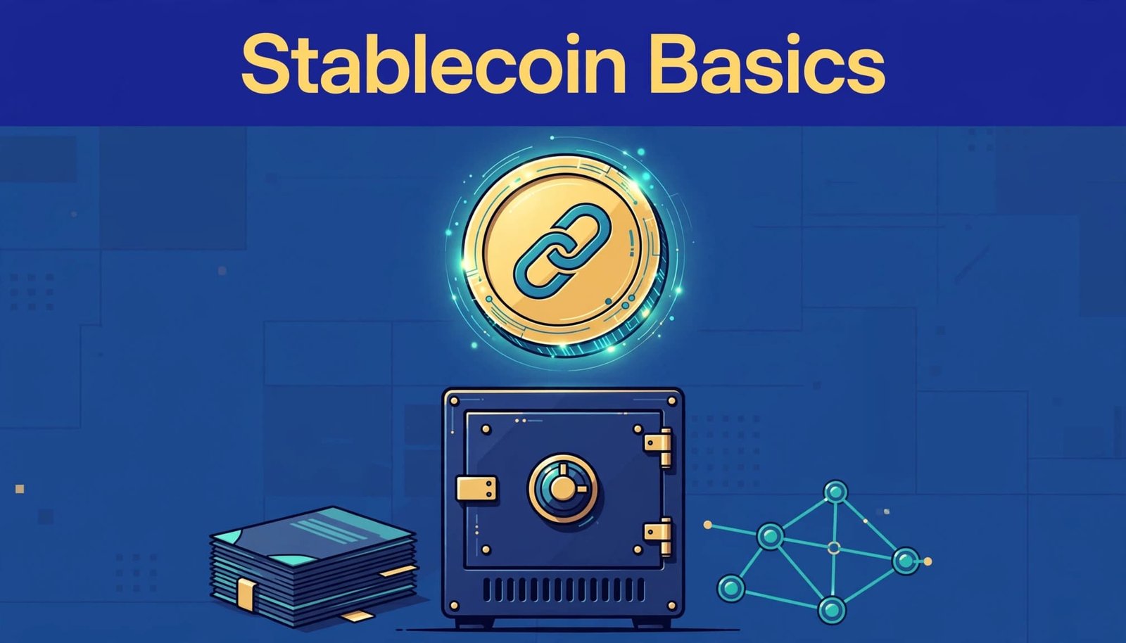A glowing digital coin balances above a secure vault with blockchain nodes.