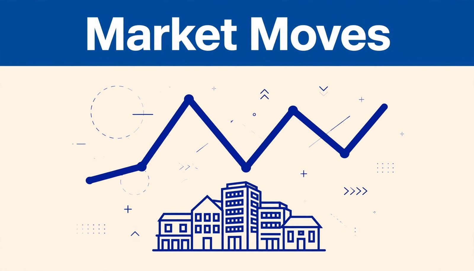 A rising-and-falling market line sits above several company buildings beneath a blue headline banner.